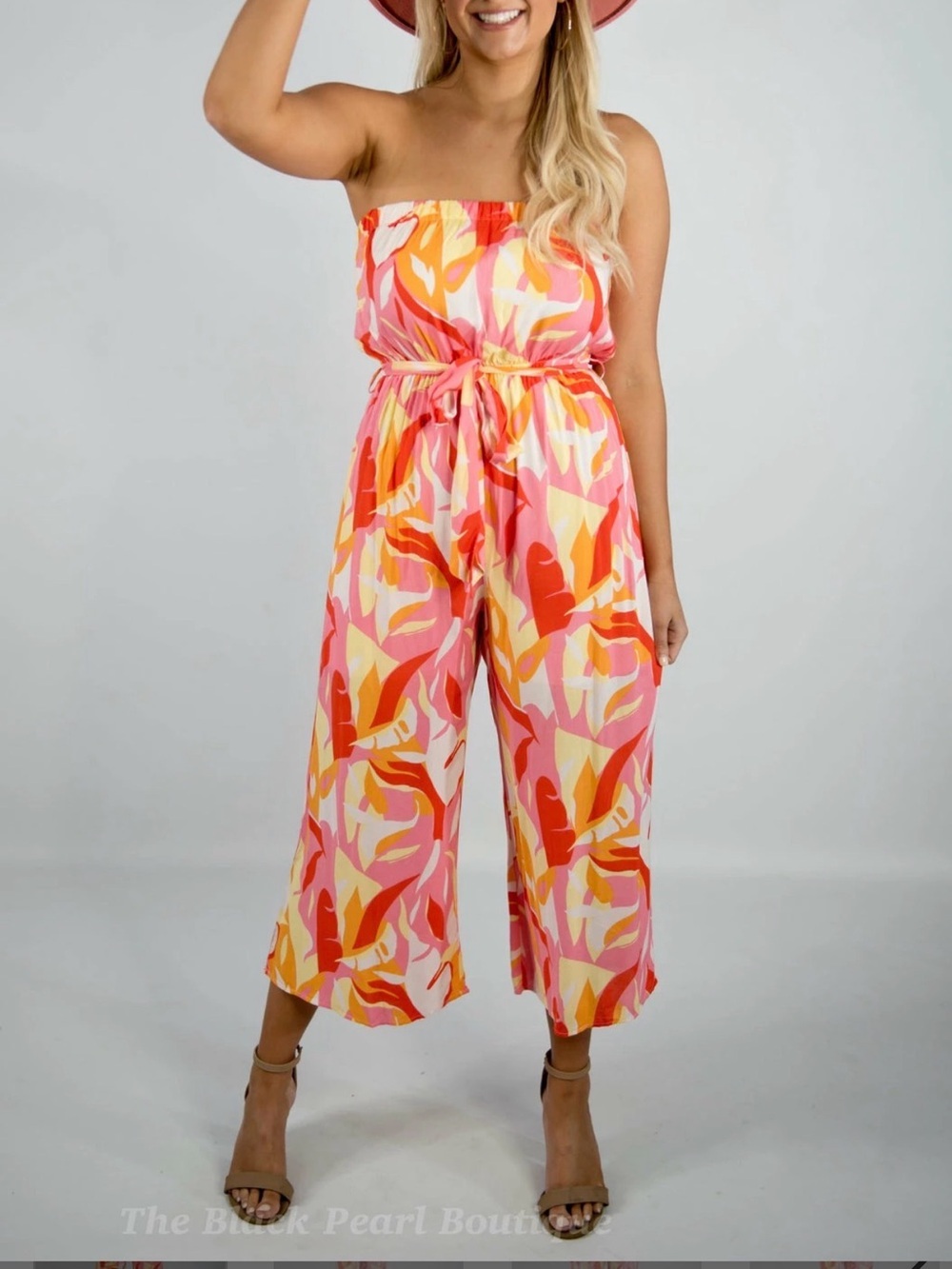 Emily Wonder by Andree by Unit Strapless Print Jumpsuit in Pink & Orange Size L